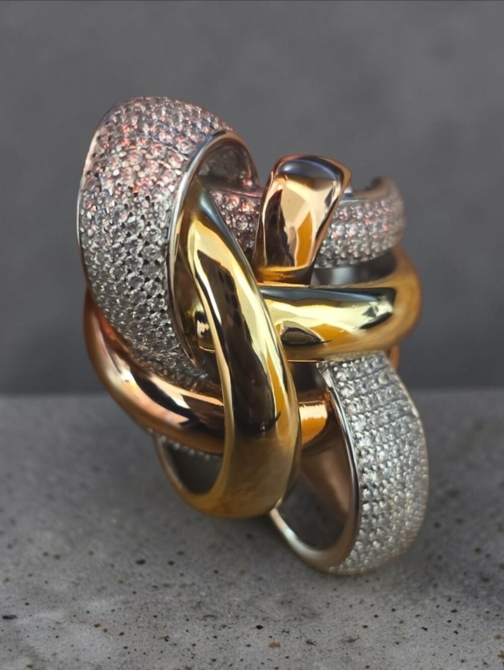Multi-Tone Interlocking Knot Ring with Pavé Crystals - Gold, Rose-gold & Silver